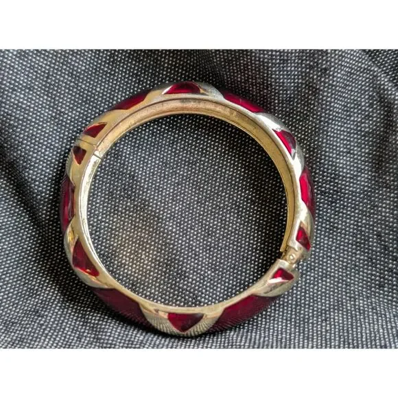 Vintage 80s Red Glass Panel Gold Tone Hinged Bangle Bold Statement - Picture 2 of 12